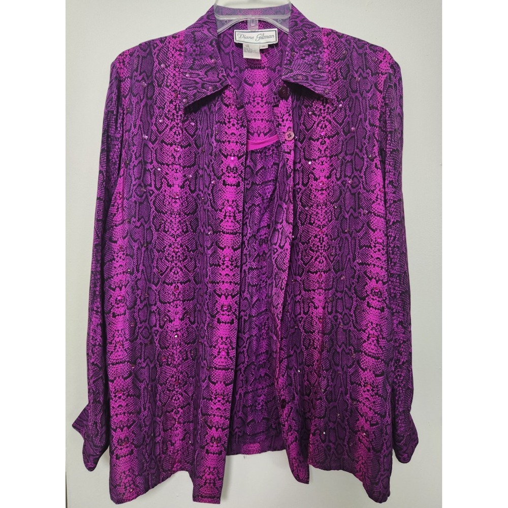 Diane Gilman Silk Button Down Shirt Tank Top Set Purple Snake Skin Rhinestones M